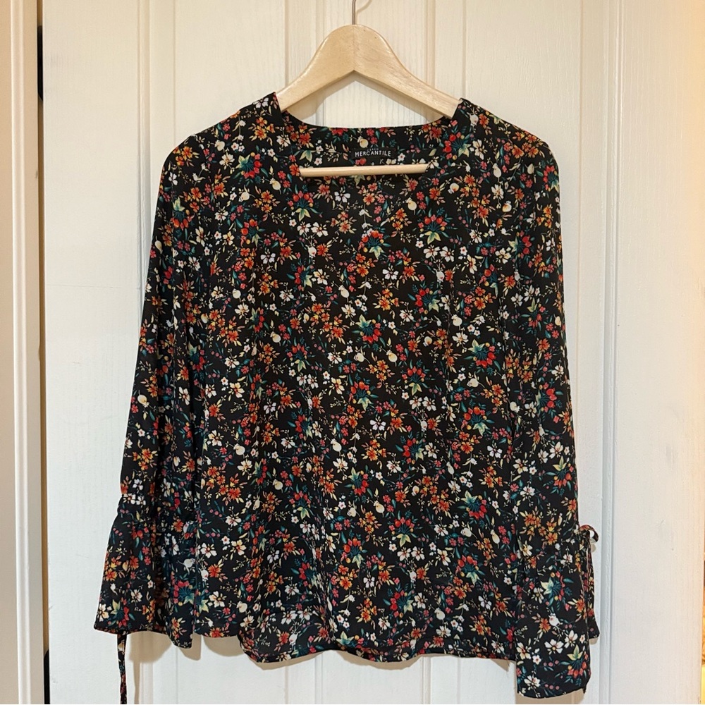 J. Crew Mercantile Floral Black Top Boho Bell Sleeves New Size XS 0 office work - Picture 2 of 11